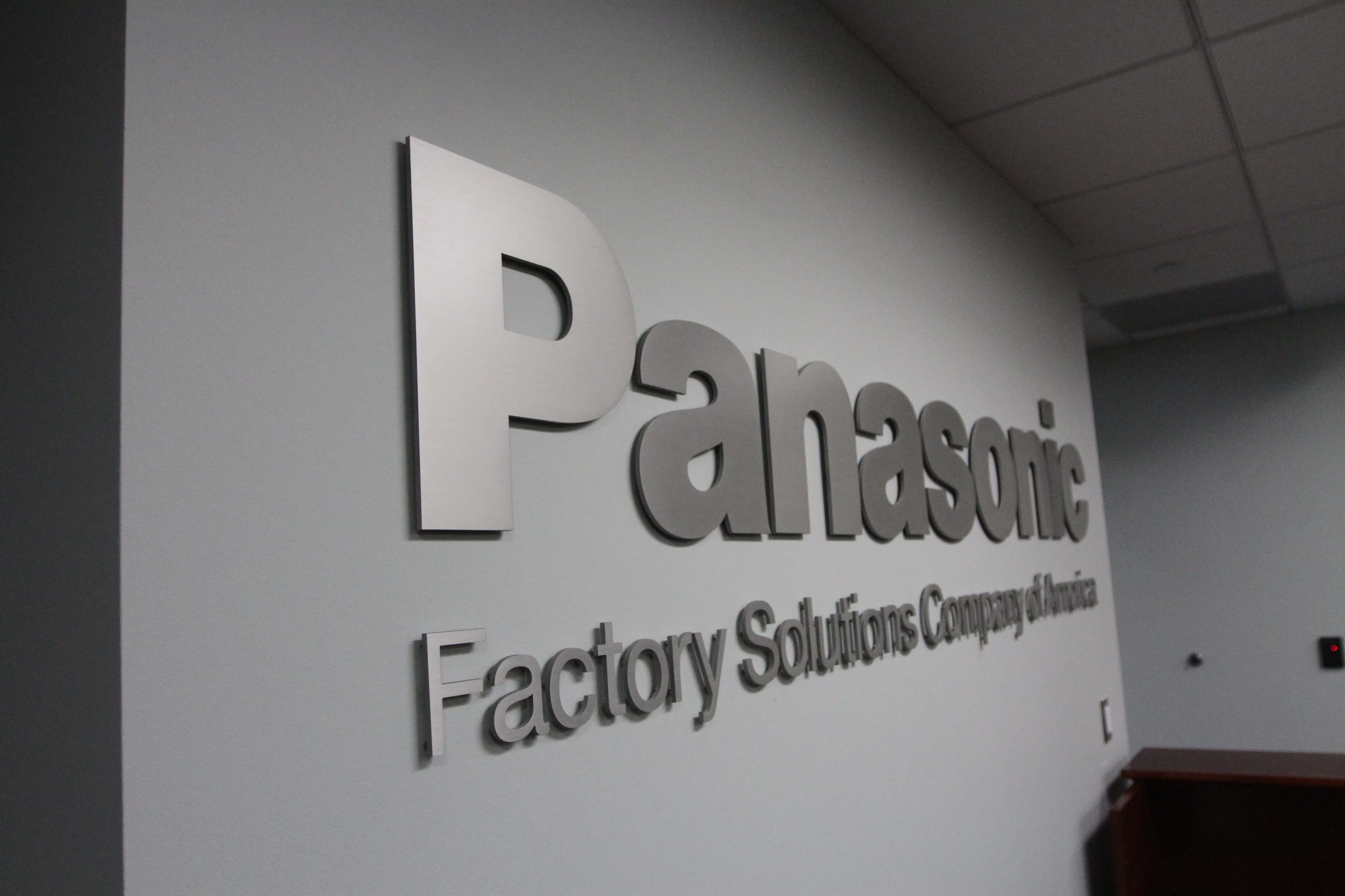 Custom laser cut metal sign for Panasonic Factory Solutions Office