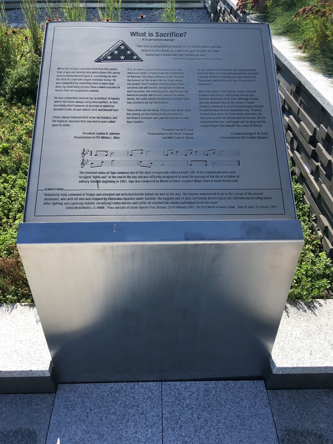 An etched stainless steel plaque at the National Museum of the Army displaying quotes and information reflecting on the definition and legacy of sacrifice, as it pertains to U.S. veterans and those who are lost in times of war.