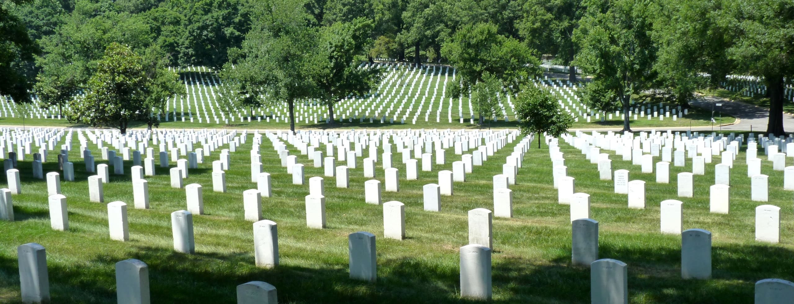 A photograph of the Arlington National Cemetery in which hundreds of headstones are visible.These memorialize soldiers who died while on active duty and retired members of the Armed Forces.