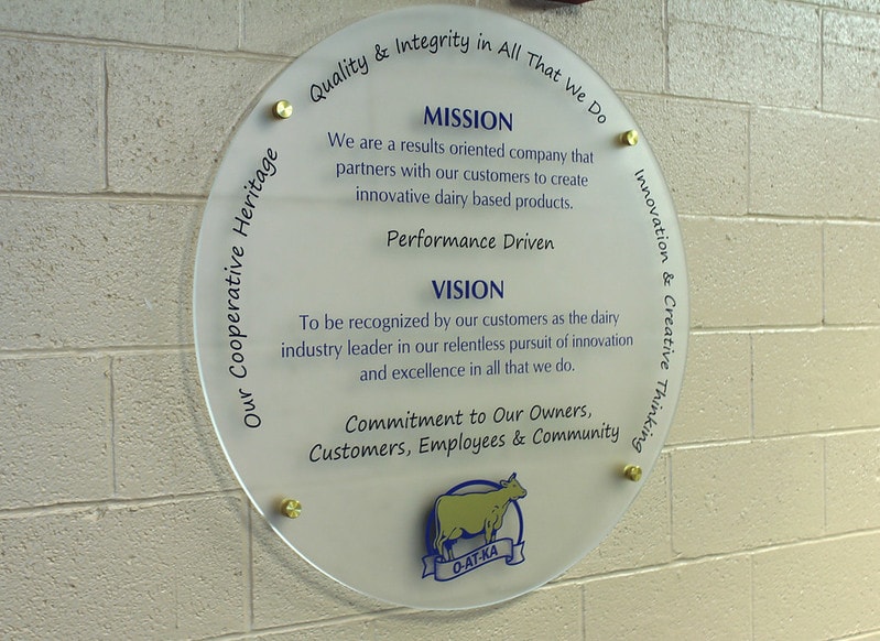 Frosted glass panel with corporate vision statement