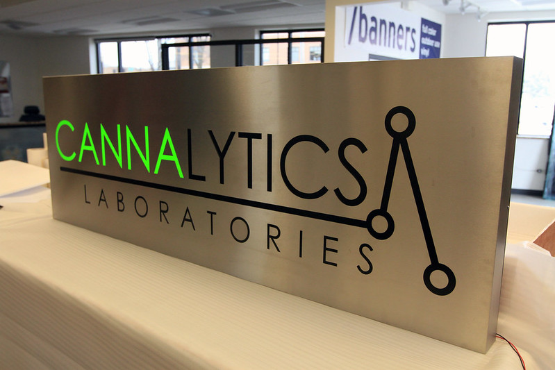 Fabricated panel sign with cut out accent lighted letters