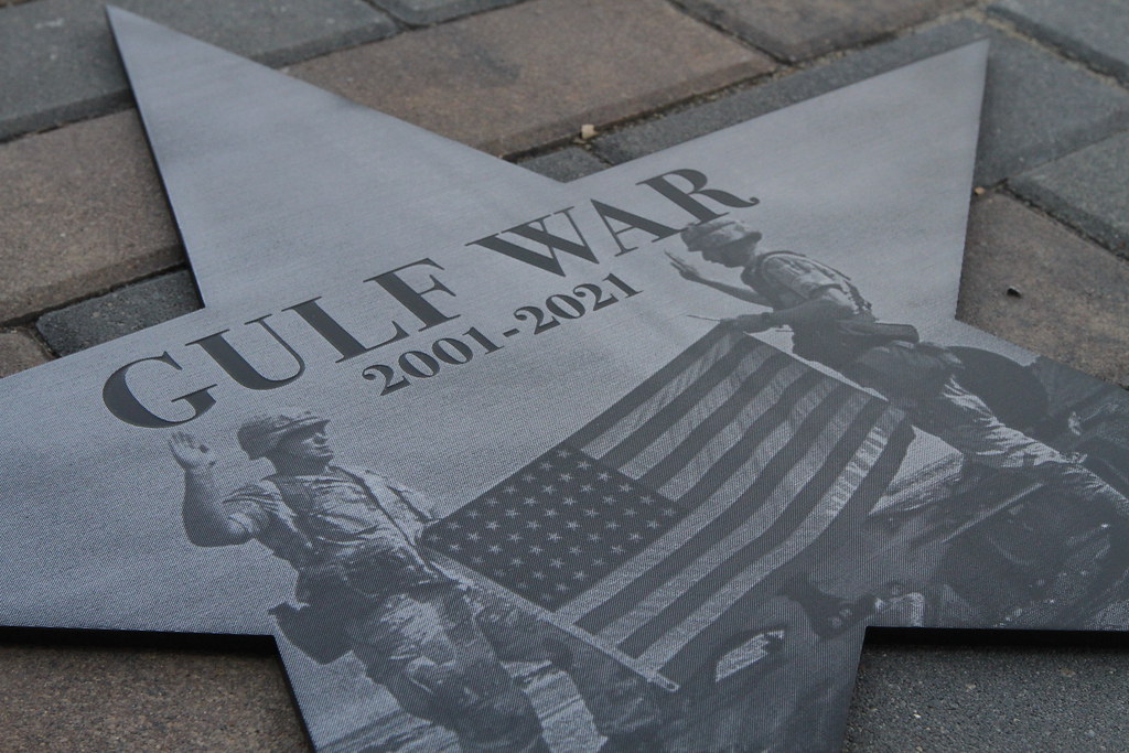 Etched Stainless Steel plaque with Gulf War memorial photo and text custom star shape plaque