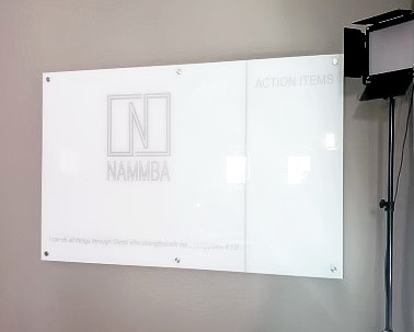 Magnetic White Glass Dry Erase Board with Custom Silver Graphics