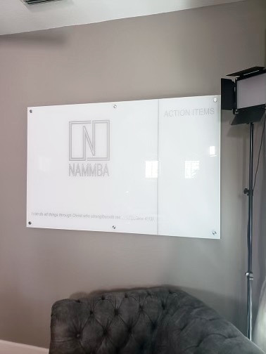 Magnetic White Glass Dry Erase Board with Custom Silver Graphics