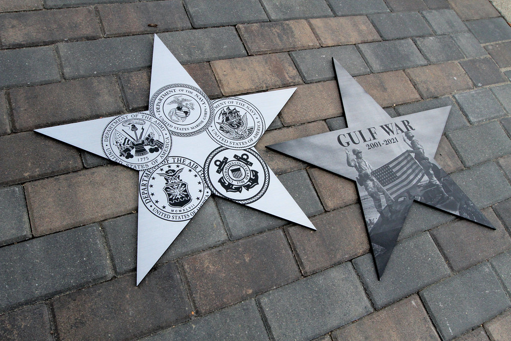 Veterans memorial Etched Stainless Steel plaques in custom star shape