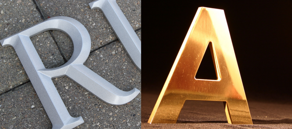 Examples of cast and cut metal letters for signs by Impact Signs.