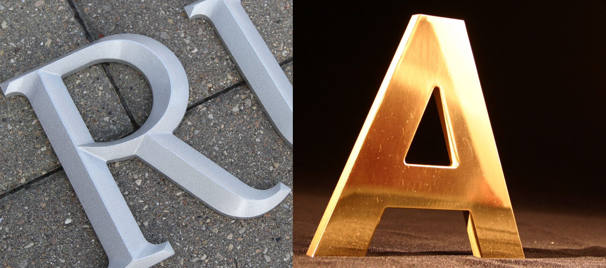 Examples of cast and cut metal letters for signs by Impact Signs.