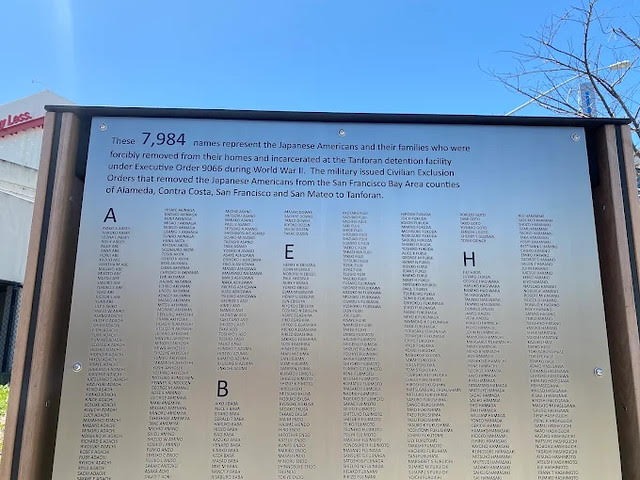 The Wall of Names memorial plaque at the Tanforan Memorial.