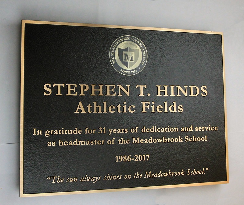 Dedication plaque for Stephen T. Hinds Athletic Fields by Impact Signs.