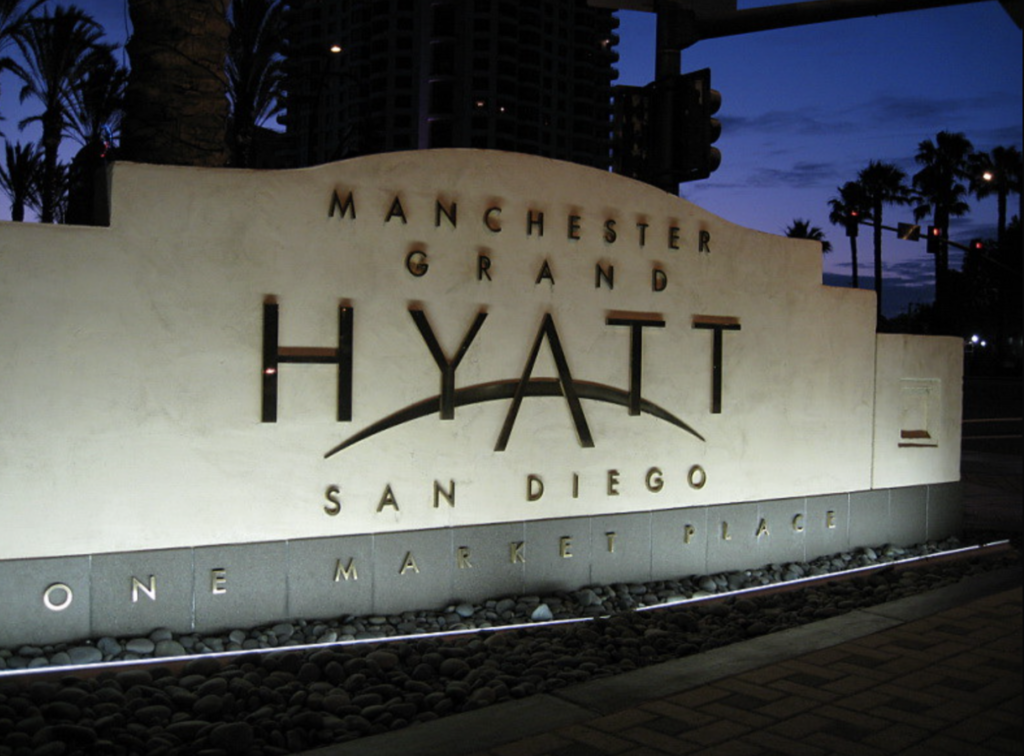Monument sign for the Manchester Grand Hyatt in San Diego, designed by Impact Signs.
